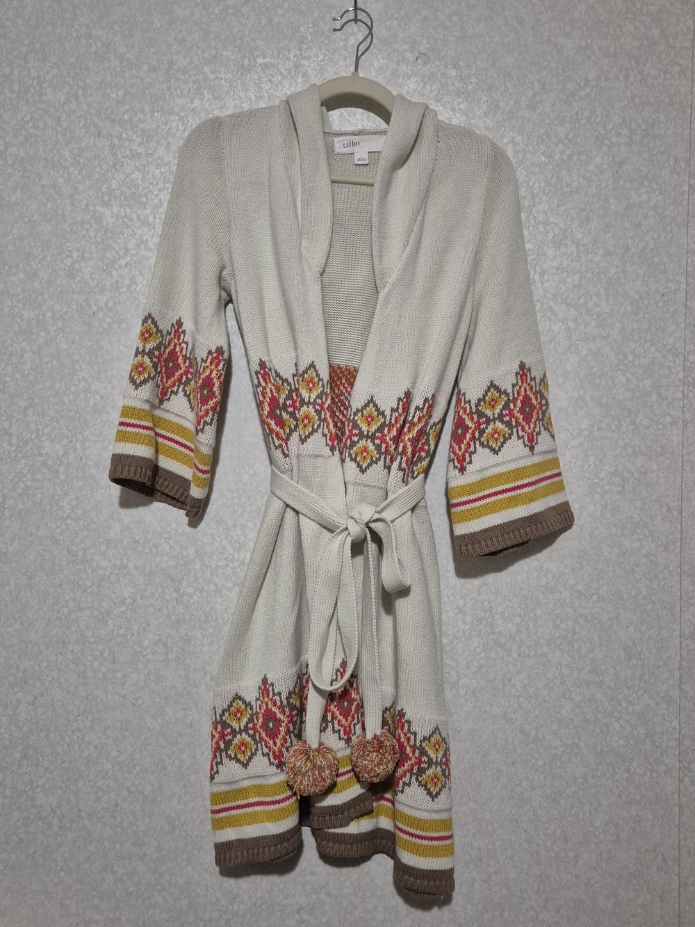 Anthropologie Cream Knit Southwestern Hooded Belted Cardigan -Size:M